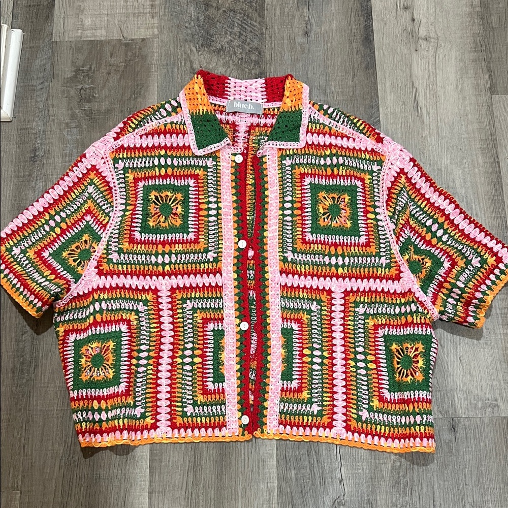 Blue B Collection Multi Color Short sleeve Crochet Granny Square sweater - Picture 3 of 8